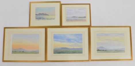 John Hedley (20thC). River Criccieth - sunset, watercolour, initialled, dated (19)84, titled verso, 24cm x 35cm and four others.