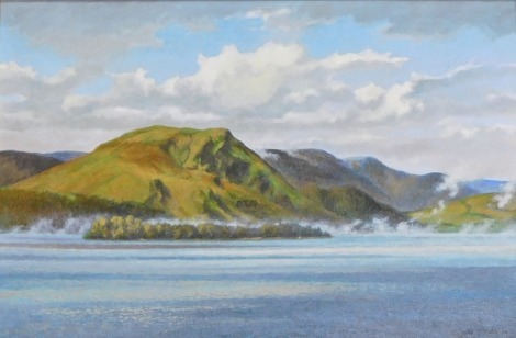 John McNulty (b.1949). Lough Mask, oil on canvas, signed and titled verso and dated (20)04, 36cm x 60cm.