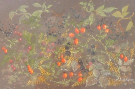 Joan M. Hargreaves (20thC). Hedgerow fruits, pastel, signed and titled verso, 32cm x 49cm. Artist Label verso, stamped J.D. Wheeldon Lincoln.