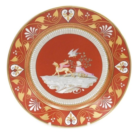 A mid 19thC Sevres Etruscan red ground hard paste porcelain dessert plate, decorated with a griffen pulling a chariot, insect and dove, within a stylised gilt anthemion leaf and scroll border, Napoleon crowned 'N' mark in iron red, 24cm diameter. Auctione