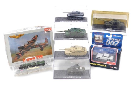 A Corgi diecast James Bond 007 Thunderball, Aston Martin DB5, TY95301, five models of WWII and later tanks, a static model of the LNER class 1 Flying Scotsman, and an Academy Minicraft model of a Lancaster, scale 1/144, 4403, all boxed. (8)