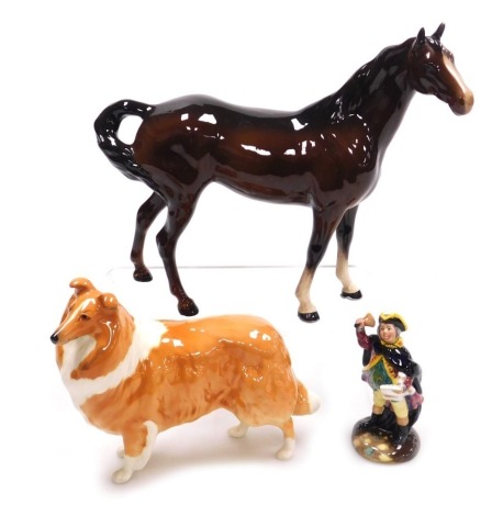 A Beswick pottery figure of a rough collie, Lochinvar of Lady Park, printed marks, together with a Beswick brown gloss horse, and a Royal Doulton figure of the Town Cryer HN2361. (3)