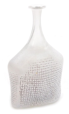 A Bertil Vallien glass vase, for Kosta Boda, of slender necked abstract form, decorated with a mesh design on a white textured ground, number 72862, etched marks, 15.5cm high.