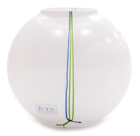 A Kosta Boda Rainbow Series glass vase, designed by Bertil Vallien, of compressed circular form, decorated with green, blue and red streaks, etched to base Boda, B Vallien, Y48224, bears label, 14cm high.