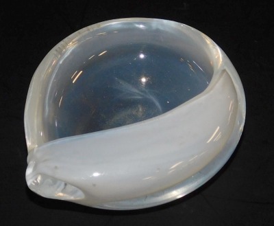 A Tapio Wirkkla glass dish, of curved opalescent and clear shell form, etched Tapio Wirkkla Littla, 11cm wide.