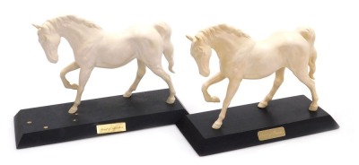 Two Beswick pottery matt white equestrian figures, Spirit of Affection and Spirit of Freedom, raised on named bases, printed marks.