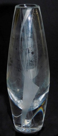 An Orrefors cut glass vase, circa 1957, designed by Sven Palmquist, of ovoid form, with etched geometric decoration, etched mark P3664, bears paper label, 21cm high.