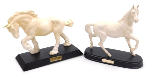 A Beswick matt white equestrian figure of Spirit of Earth, raised on a titled base, 29cm wide, together with a Royal Doulton figure of Spirit of the Wind, raised on a titled oval base, 24cm wide. (2)