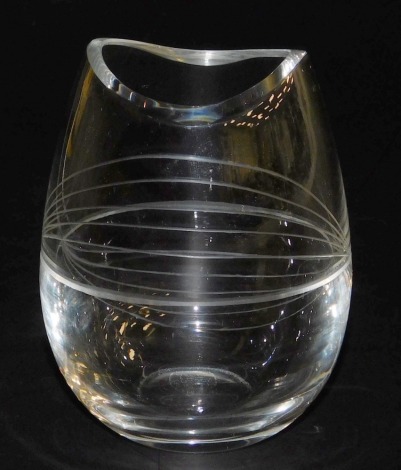 A Swedish Afors cut glass vase, designed by Ernest Gordon, of compressed ovoid form, with engraved curving line decoration, impressed mark, 11.5cm high.