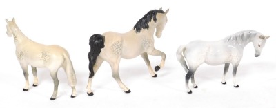 Three Beswick pottery dappled grey models of horses, two gloss, one matt, printed marks. - 2