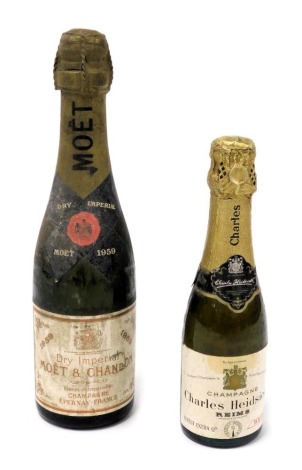 A half bottle of Moet & Chandon Champagne 1959, together with a quarter bottle of Charles Heidsieck Brut Champagne, by appointment to His Late Majesty George VI. (2)