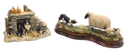 A Border Fine Arts sculpture of a sheep dog and sheep, designed by Ayres, raised on a wooden base, 29cm wide, and a further sculpture of a sheep dog, puppies and chickens, designed by Ayres, circa 1985, painted and impressed marks, 18.5cm wide. (2)