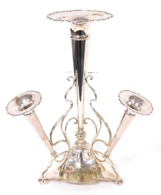 A Victorian silver plated epergne, with a tall central trumpet, flanked by three smaller trumpets, on scrolling supports, above a tri-foot form base, raised on bun feet, 41cm high. - 2