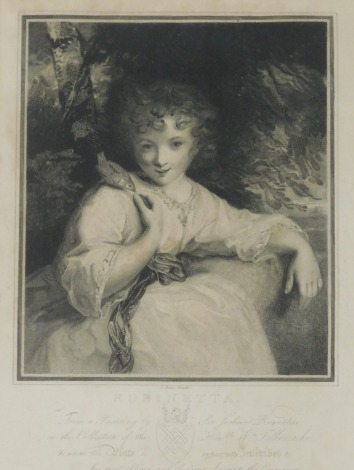 After Sir Joshua Reynolds. (British, 1723-1792) Robinetta, black and white engraving, by J Jones, published London 1787, 37cm x 27cm.