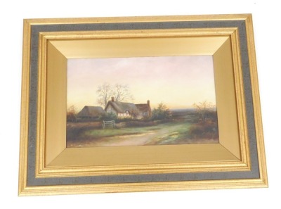 British School (Early 20thC). Thatched farmstead in a country landscape, oil on canvas, monogrammed, dated 1908, 26cm x 43cm. - 2