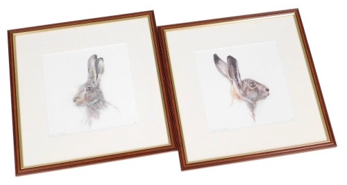 Mark Langley (British, 20th/21stC). Brown Hare, Brown Hare II head studies, pair of limited edition giclee prints, signed, 24cm x 23cm. (2)