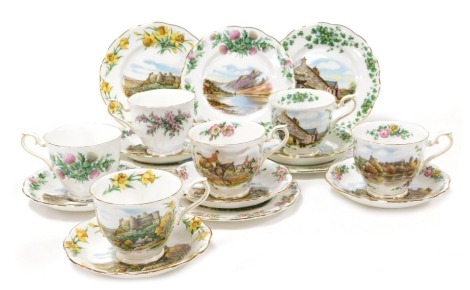 A Royal Albert porcelain Land of Hope and Glory pattern part tea service, Traditional British songs series, comprising six tea cups, saucers and plates.