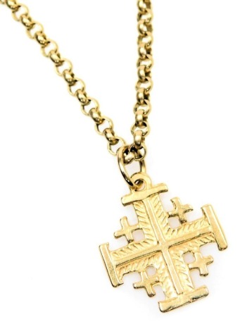 A cross pendant, impressed to the reverse "Jerusalem", stamped 18k, on a 9ct gold belcher link neckchain, with bolt ring clasp, 3.5g all in.