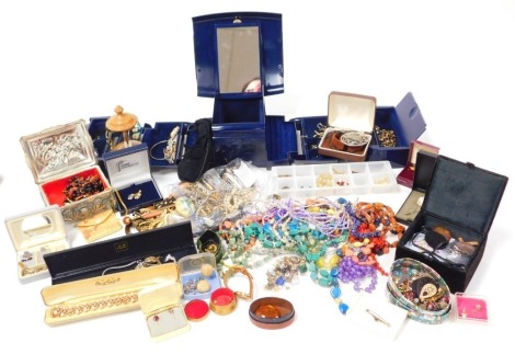 Silver and costume jewellery, including brooches, earrings, dress wristwatches, Trifari bracelet, hard stone and wooden beads etc. (a quantity)