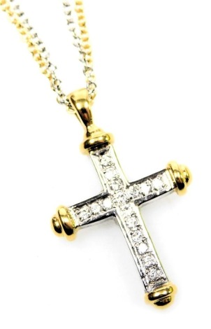 An 18ct gold and diamond set pendant cross, on a 9ct yellow and white gold double belcher link neck chain, on a bolt ring clasp, 7.3g all in.