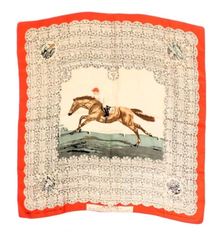 A Welch Margetson and Company Ltd silk Festival of Britain scarf, commemorating the winners of the Derby from it's commencement in 1780, to 1951, designed by Juliet McCleod, 89.5cm x 85cm.