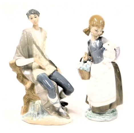 A Lladro porcelain figure of a girl with a basket of onions, and lamb under her arm, 24.5cm high, and further figure of a man resting upon a tree stump, 26cm high. (2)