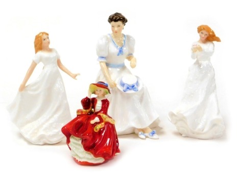 Four Royal Doulton figures, modelled as Jean HN3757, Thank You HN3390, Friendship HN3491, and Top O' the Hill HN3499.