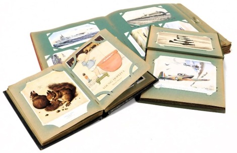 Deltiology, three albums of postcards, containing RAF, Naval and maritime steam locomotives, topographical, ornithology, flowers, sentimental cards, etc.