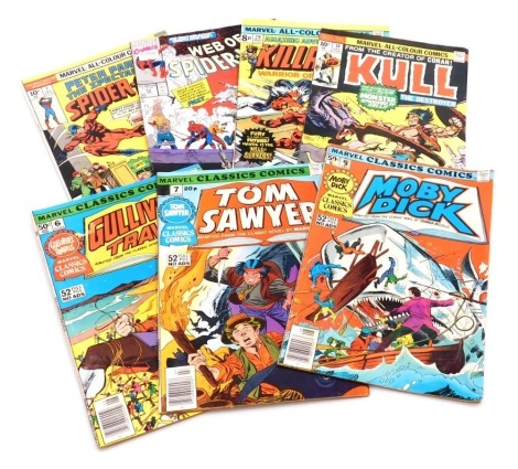 Marvel comics. An edition of Peter Parker The Spectacular Spiderman, issue 1, Three editions of Marvel Classic Comics issues 6, 7 and 8, One edition of Kull, issue 18, Web of Spiderman, issue 72, and Amazing Adventures featuring Killraven issue 29, (Bron