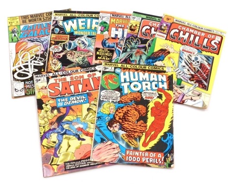 Marvel comics. An edition of Battlestar Galactica, Issue 19, Weird Wonder Tales, Issue 9. Two editions of Chamber of Chills, Issue 22,25. An edition of The Son of Satan, Issue 3. edition of The Incredible Hulk, Issue 72, edition of The Human Torch, Issue 