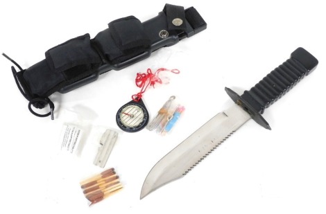 A Taiwanese survival knife, with a steel blade, in a sheath, with belt attachment, 34cm wide.