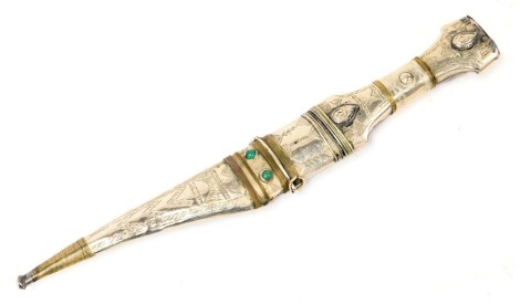 A Yemeni dagger, with an embossed and engraved white metal handle, with wire banding, steel blade, in a sheath similarly decorated and inset with two green cabochons, with a belt hook, 29cm long.