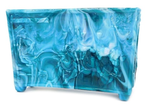 A late 19thC Sowerby turquoise end of day malachite glass Old King Cole trough, nursery rhyme series, 13cm wide.