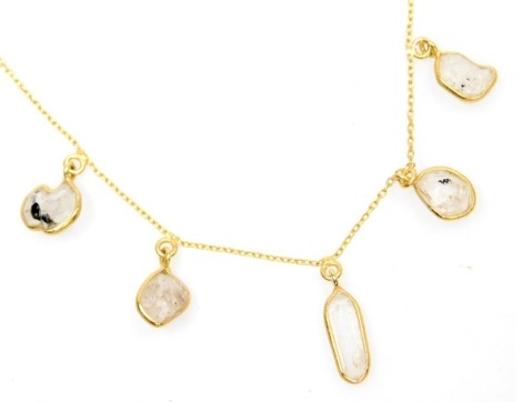 A Shipton & Co yellow metal necklace, with five florite quartz pendant chips, necklace marked 375.