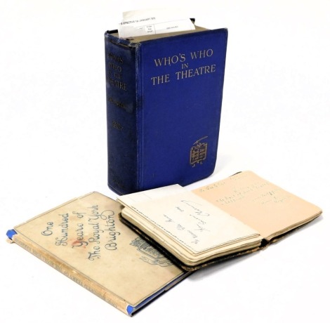 A small leather bound autograph album, with various variety theatre handwritten messages and signatures from 1915, Who's Who in the Theatre 6th edition, 1930; postcards, etc.