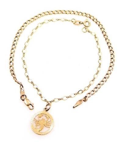 A 9ct gold curb link bracelet, on a lobster claw clasp, together with a 9ct gold Scorpio pendant on a fancy link chain, with bolt ring clasp, 3.7g.