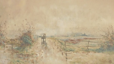 British School (19thC). Horse and cart on a track, in an autumn windy landscape, watercolour, monogrammed AB, 27.5cm x 47cm.