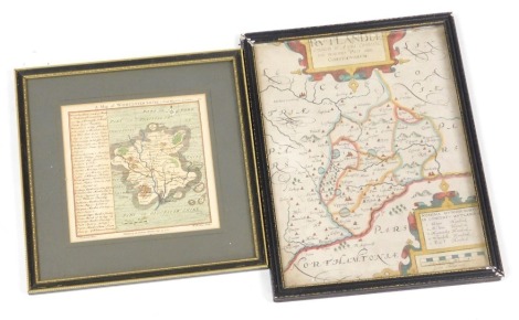 After Christopher Saxton. Map of Rutland (Rutlandiae), hand coloured engraving, by William Kip, 7cm x 21cm together with a map of Worcestershire, engraved by W.R. Toms, published 1742, 15cm x 15cm. (2)