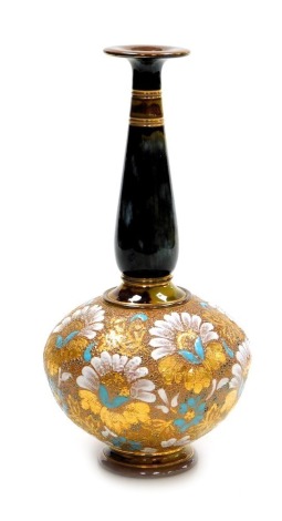 A Royal Doulton stoneware vase, of baluster form, chine decorated with flowers on a gold ground, X5115Z, impressed and painted marks, 26.5cm high.