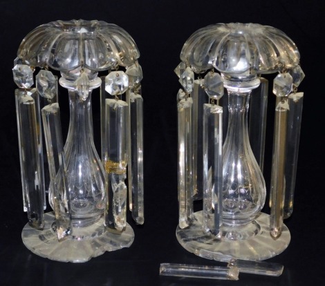 A pair of Victorian cut glass lustres, with prismatic and brilliant cut drops, 22cm high.