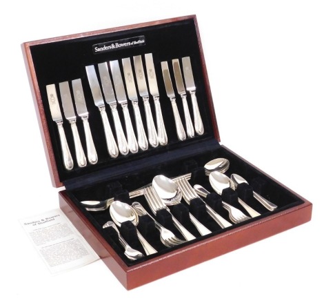 A Sanders & Bowers silver plated canteen of cutlery, bead pattern, six place settings, cased.