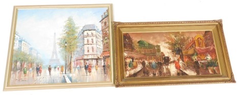 T Carson (French late 20thC) French street scene with the Eiffel Tower, oil on canvas, signed, 49.5cm x 59.5cm, and further Paris street scene, oil on board, unsigned, 29.5cm x 60cm. (2)