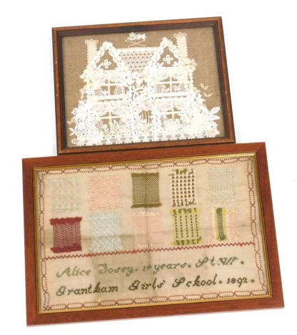 A late Victorian sampler, by Alice Josey, fourteen years, St. WI, Grantham Girls School 1892, displaying ten different panels of stitching, 51.5cm x 33cm, together with a lacework picture of a house, possibly Nottingham, 19.5 cm x 24.5cm. (2)