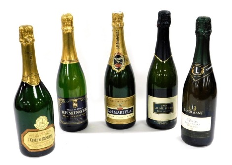 A bottle of GH Martel and Company champagne, blanc de blancs Reminger demi-sec, Lindemans brut cuvee, Joumes Serra cava, and cuvee du president, blanc de blancs, brut 2000. (5)