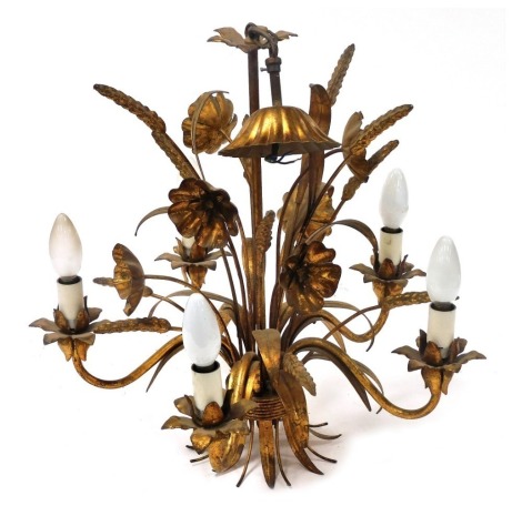 An early 20thC gilt metal five branch chandelier, decorated with flowers, leaves and corn, 64cm high.