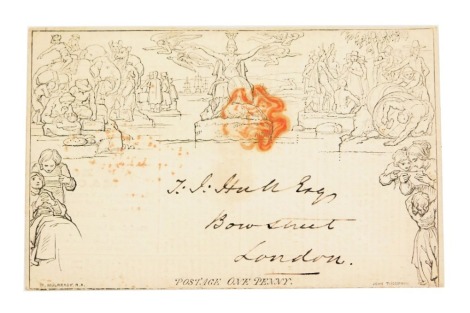 Philately. A Mulready envelope addressed to Mr TJ Hull Esq. Bow Street, London, with red Maltese Cross stamp, the reverse with details of sender, Mr Roscoe of Knutsford, 17th Nov 1840, with postmarks for the 18th November 1840, interior with Hallett's Pos