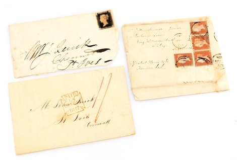 Philately. An 1853 addressed and postmarked envelope, containing three joined unperforated penny reds, a further penny red, together with an East India Company price list, addressed to Mr John Quick of St Ives, Cornwall, stamped and dated 1837, and an unp