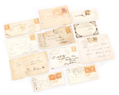 Philately. 19thC French and Belgian envelopes, Napoleon III and Republic stamps, a Belgian card and an envelope, together with an Assignate de cinq livres serie 28315 and a note possibly a visa for Marseilles to Naples, 7th February 1845.