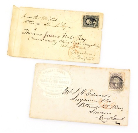 Philately. US George Washington twelve cents black stamp envelope, addressed to Thomas James Hall Esq. Chief Police Magistrate, Bow Street, and a twenty four cents lilac stamp envelope, advertising Richard Green, Importer and Manufacturer of Gentlemen's F