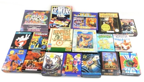 A group of ZX Spectrum games, including Turtles, Monty Python's Flying Circus, Vendetta, Time Machine, Barbarian II, and the Ultimate Driving Experience.